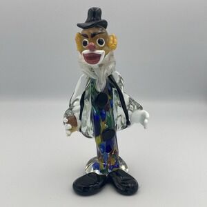 Murano Hand Blown Glass Clown Circus 7.5" Black Hat Yellow‎ Hair Drinking VTG